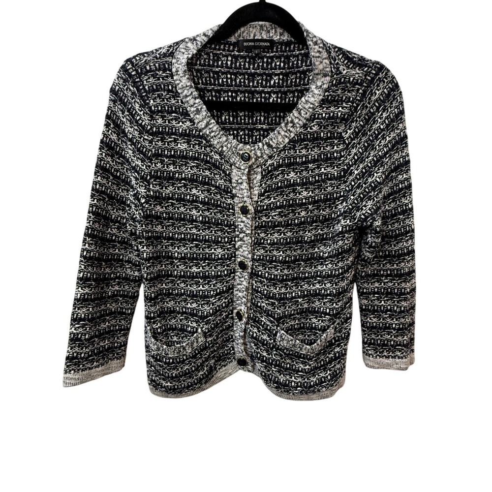 Buona Giornata Cardigan Knit Black White Metallic Button Small Grandma Core